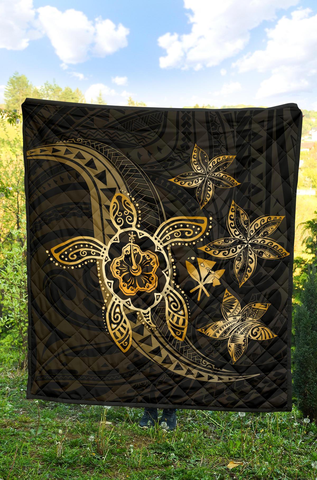 Kanaka Map Hibiscus Plumeria Turtle Art Gold Polynesian Premium Quilt - Polynesian Pride