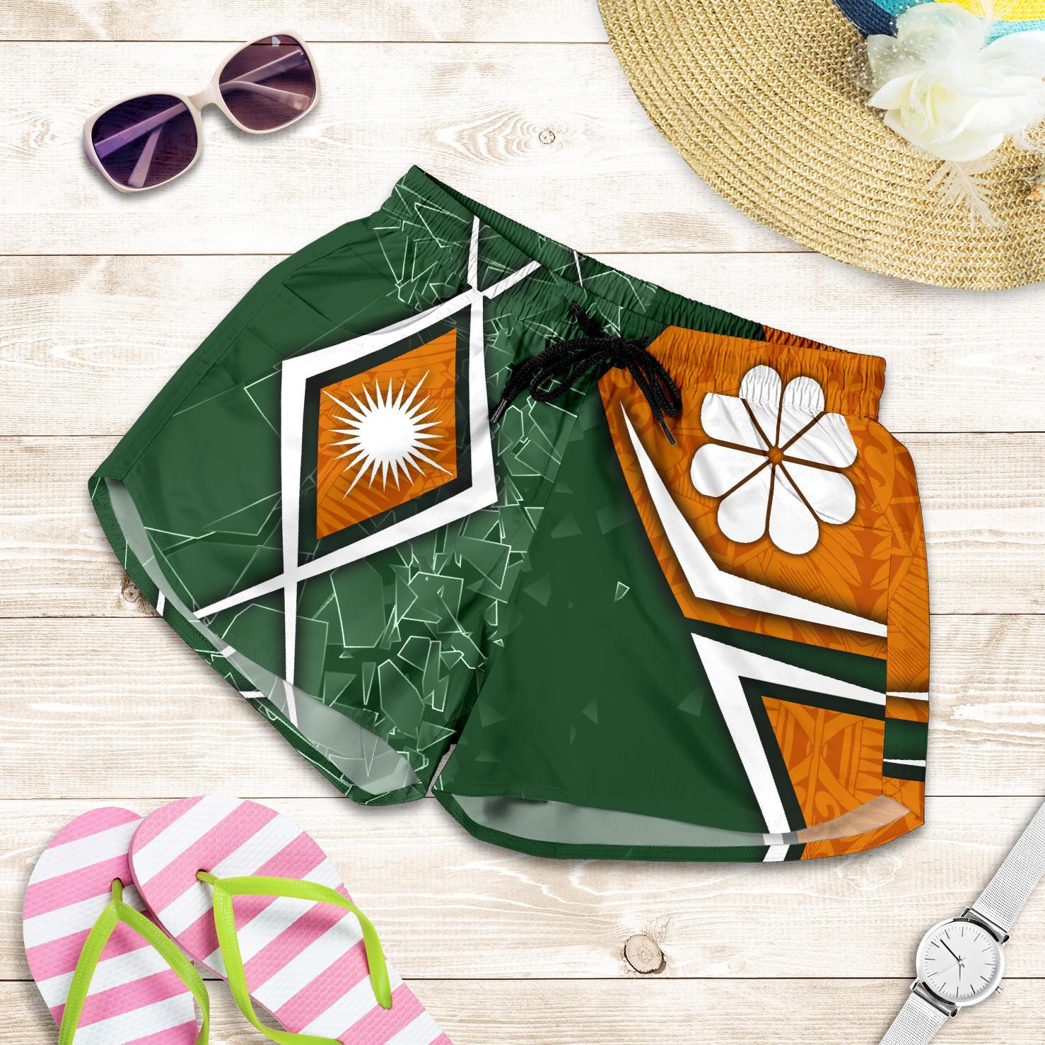 Marshall Islands Women's Shorts - Kwajalein Atoll Marshall Islands Flag with Polynesian Patterns Women Green - Polynesian Pride