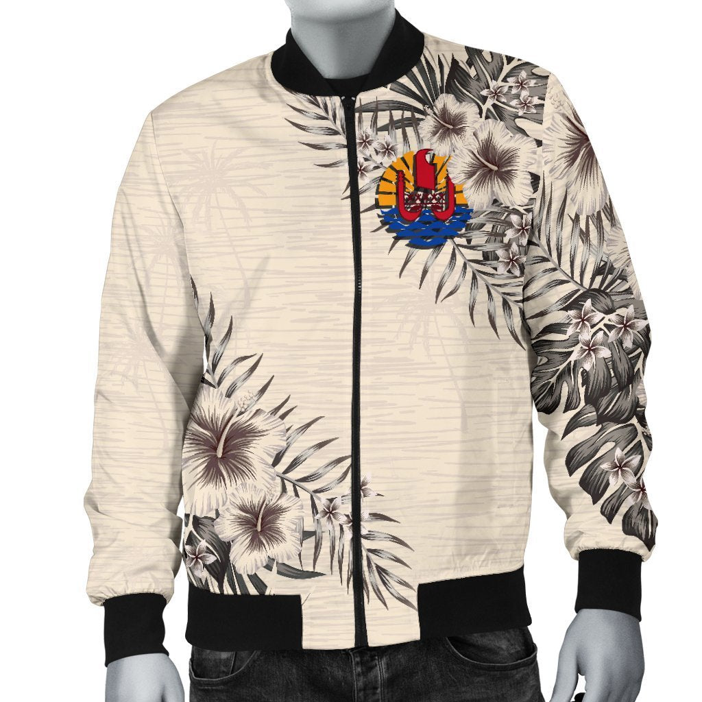 Tahiti Men's Bomber Jacket - The Beige Hibiscus Beige - Polynesian Pride