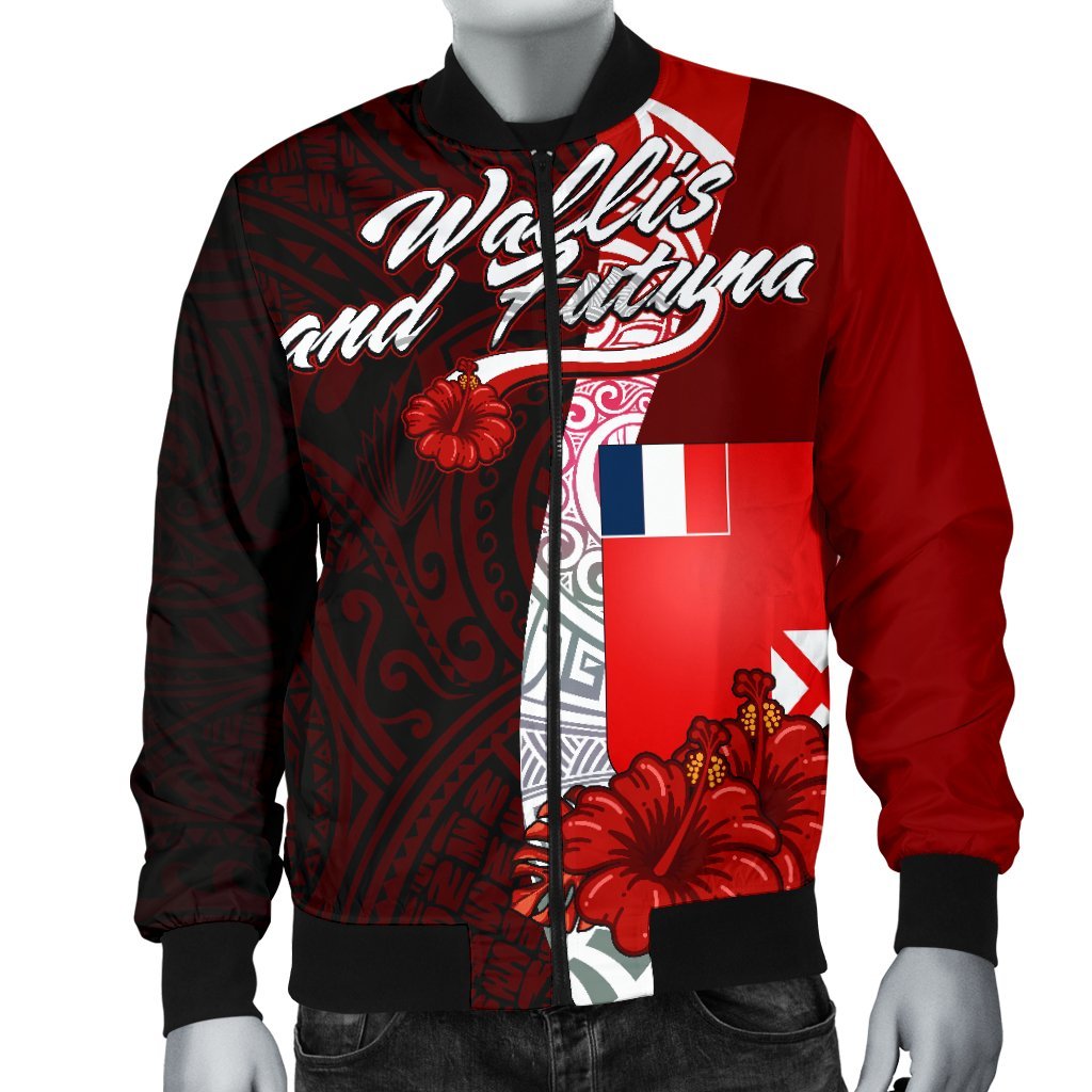 Wallis and Futuna Polynesian Men's Bomber Jacket - Coat Of Arm With Hibiscus - Polynesian Pride