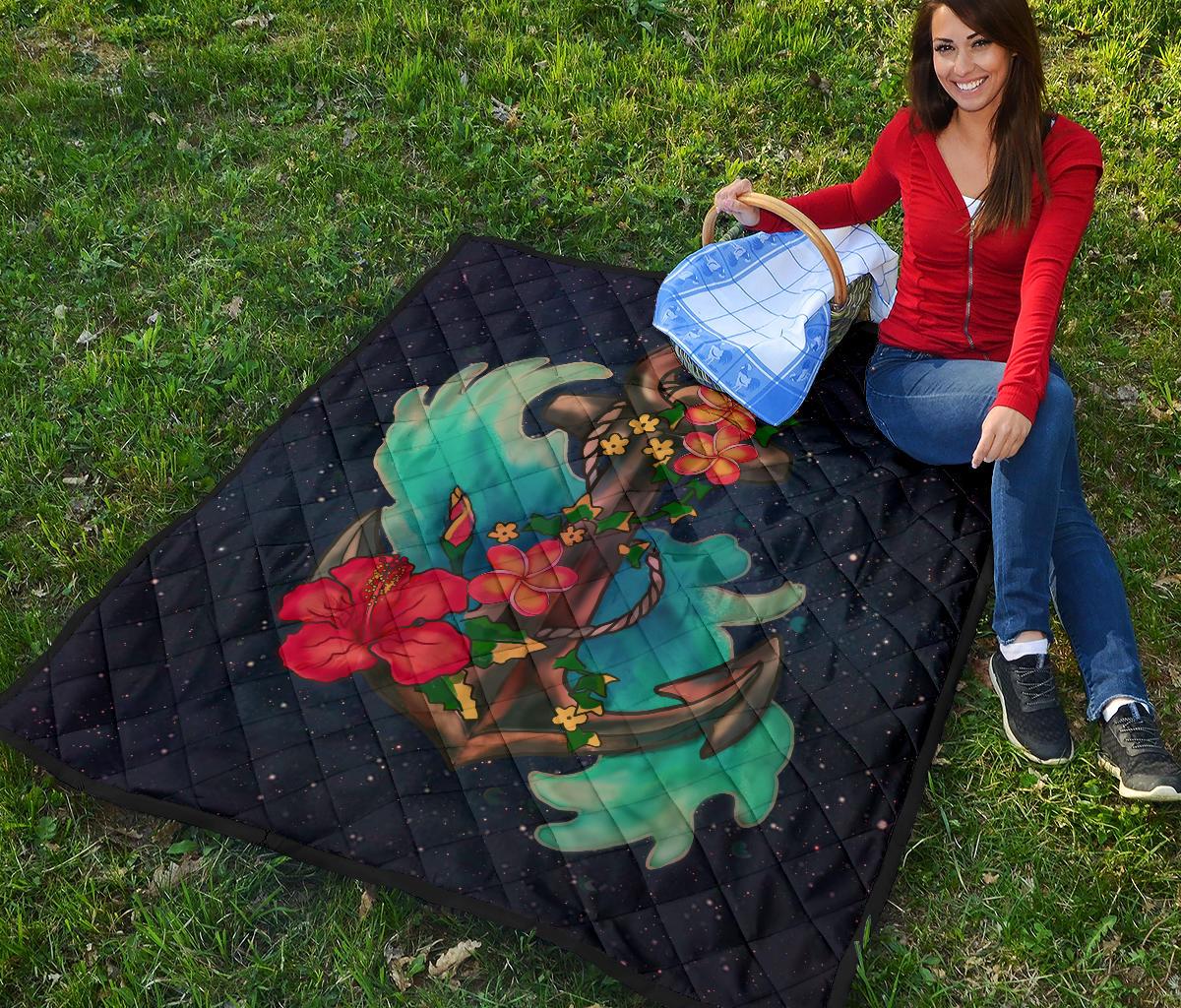Hawaiian Plumeria Hibiscus Anchor Galaxy Premium Quilt - Polynesian Pride
