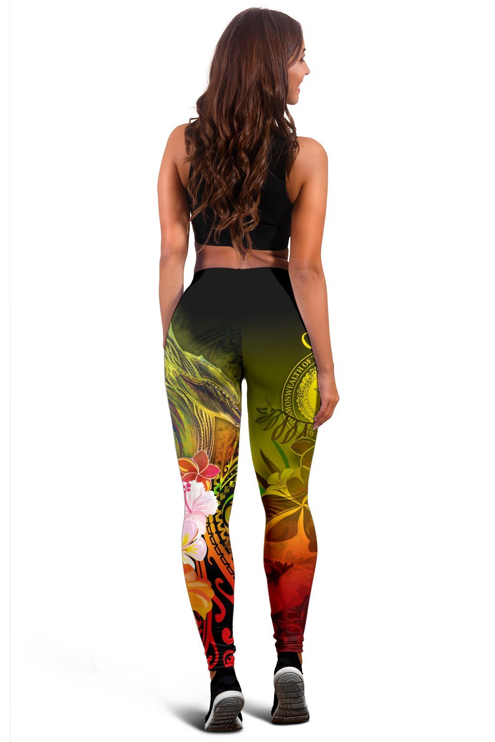 CNMI Women's Leggings - Humpback Whale with Tropical Flowers (Yellow) - Polynesian Pride