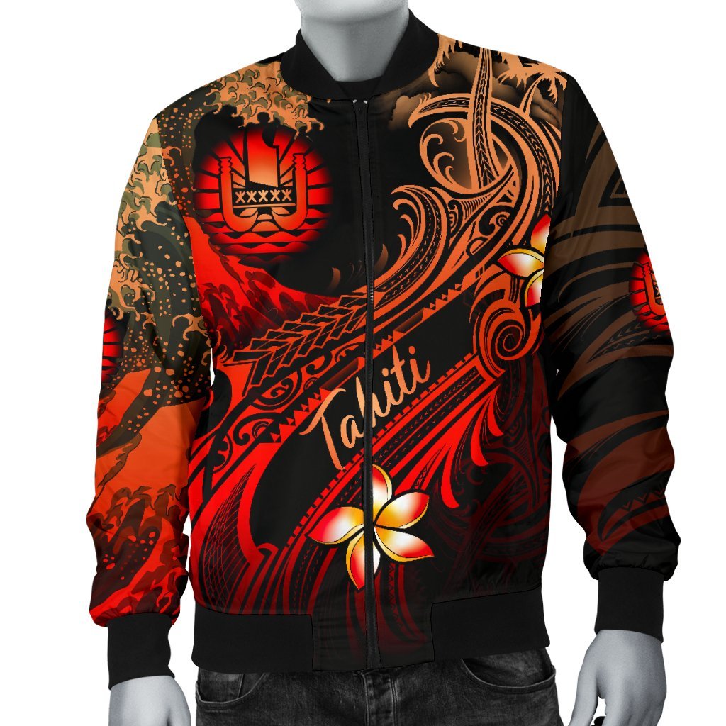 Tahiti Polynesian Men's Bomber Jacket - Plumeria Flowers And Waves - Polynesian Pride
