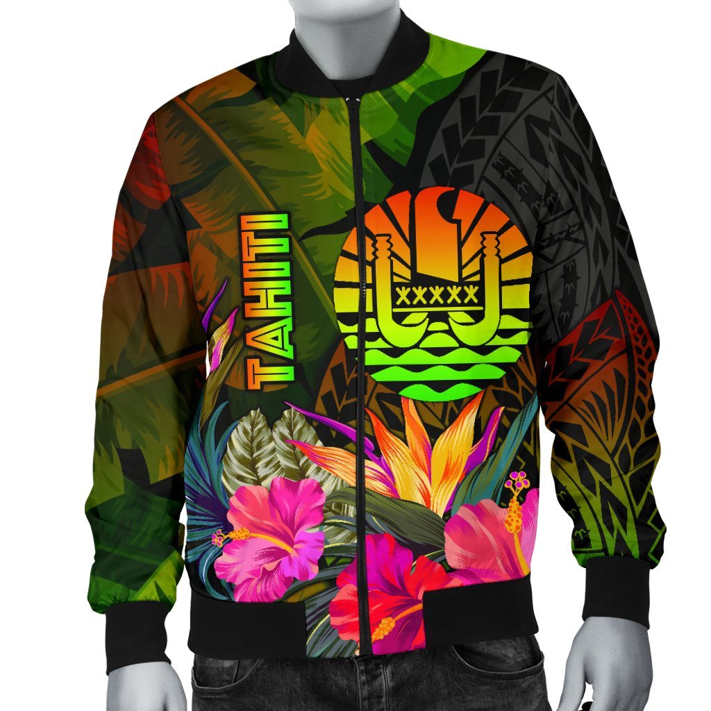 Tahiti Polynesian Men's Bomber Jacket - Hibiscus and Banana Leaves - Polynesian Pride