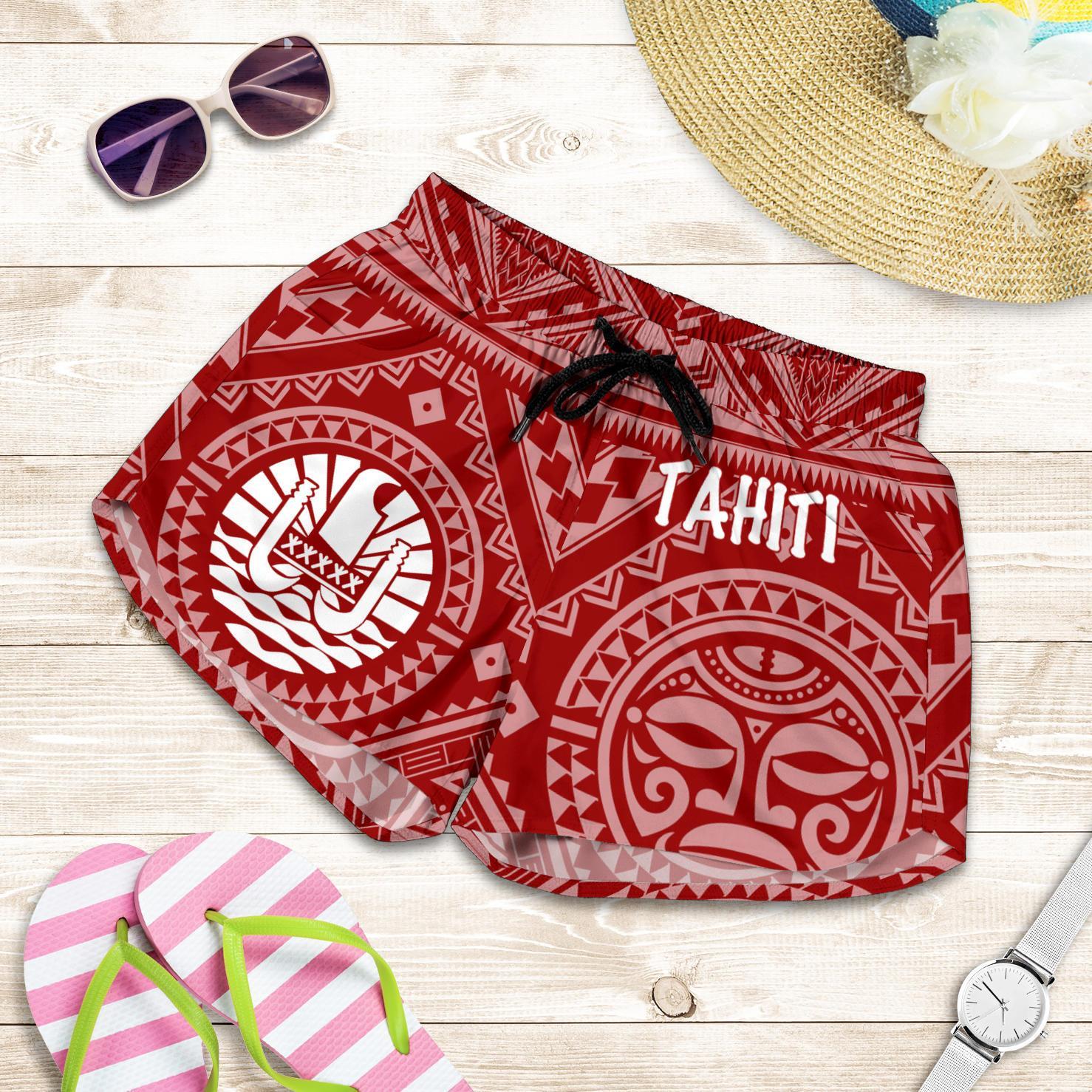 Tahiti Women's Shorts - Tahiti Seal In Polynesian Tattoo Style (Red) Women Red - Polynesian Pride