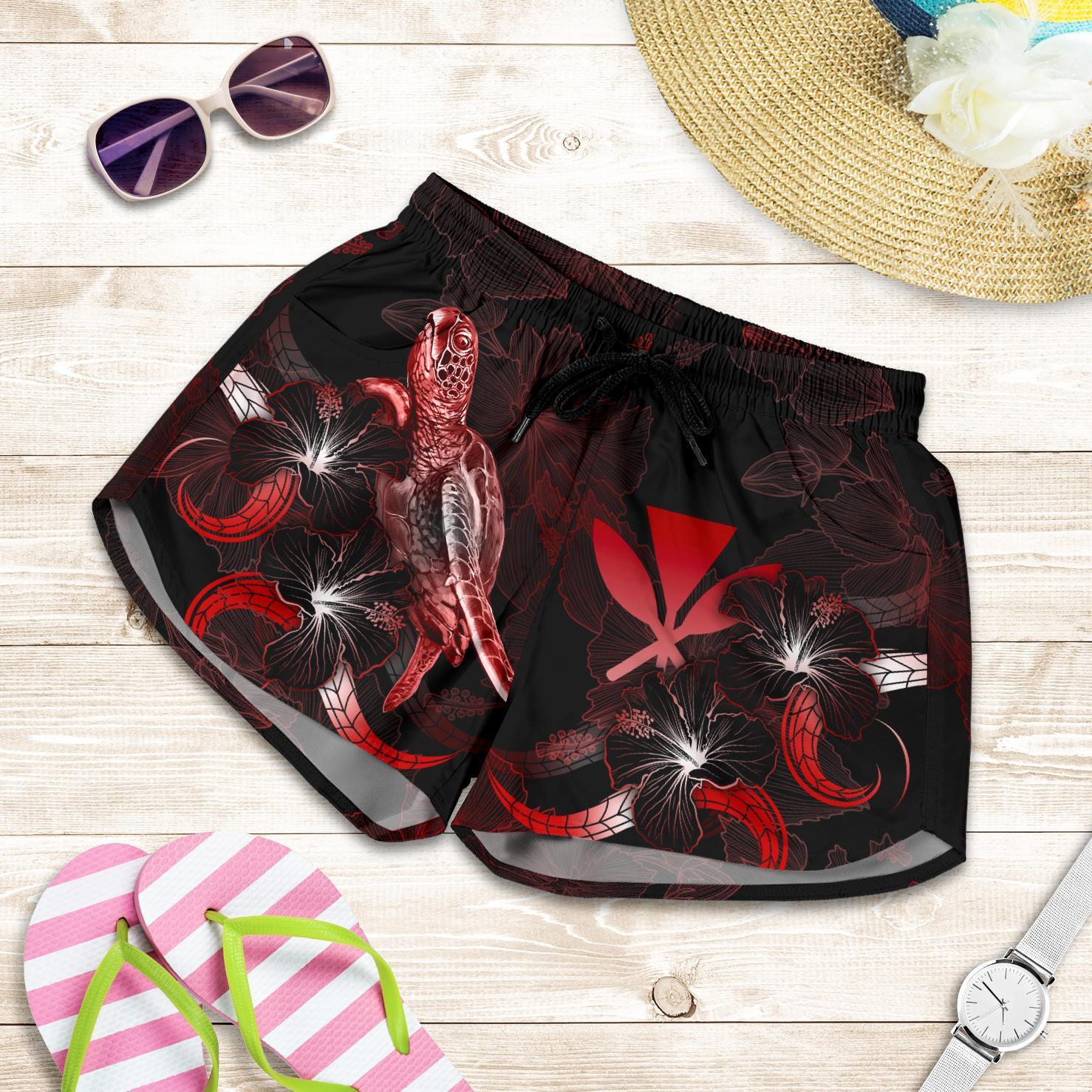 Hawaii Polynesian Women's Shorts - Turtle With Blooming Hibiscus Red Women Red - Polynesian Pride