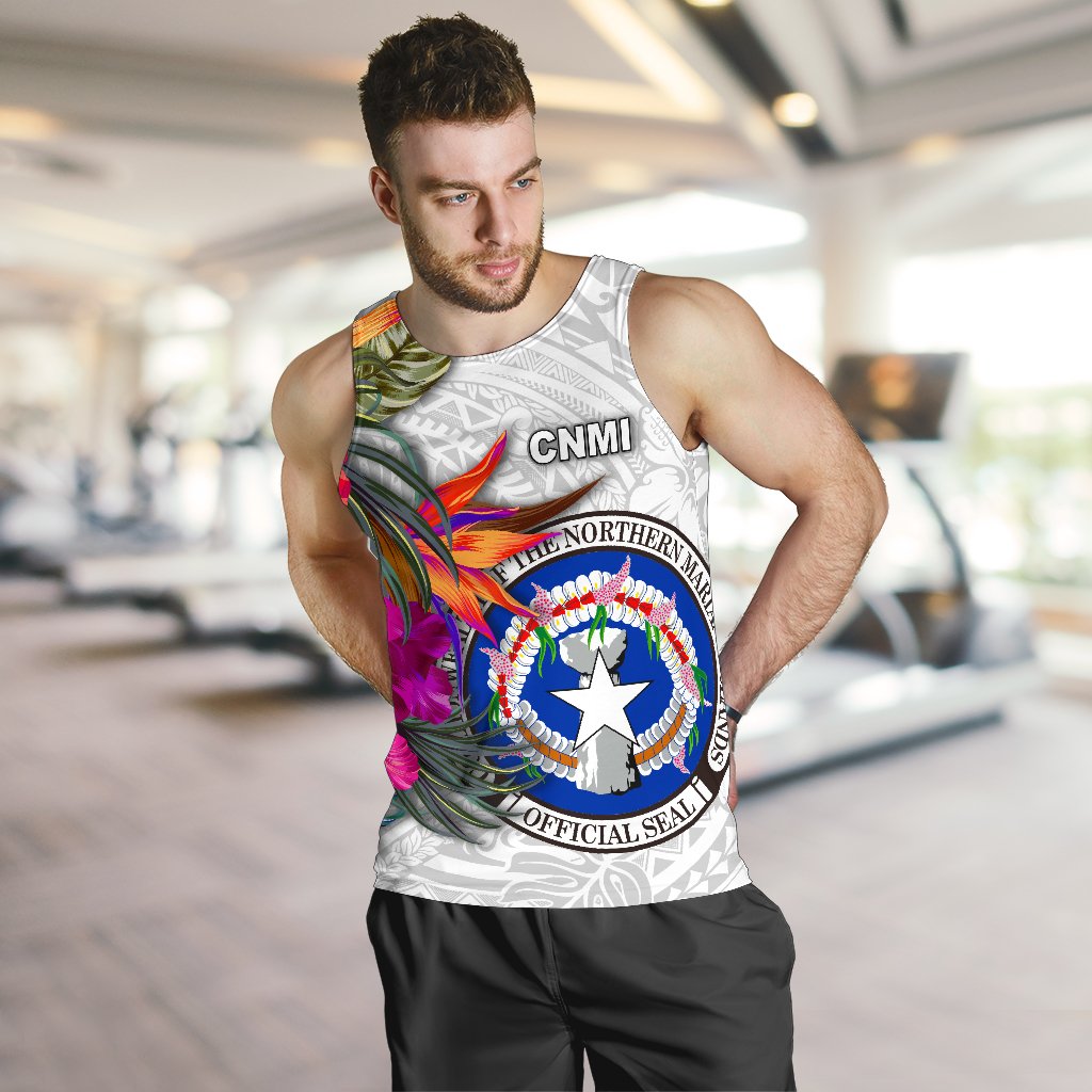 Northern Mariana Islands Men's Tank Top Polynesian Hibiscus White Pattern - Polynesian Pride