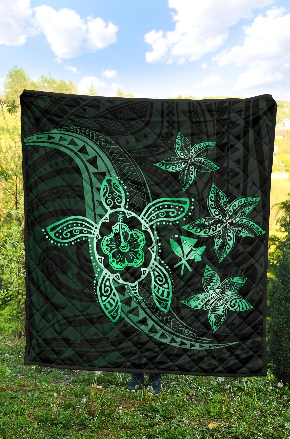 Kanaka Map Hibiscus Plumeria Turtle Art Turquoise Polynesian Premium Quilt - Polynesian Pride