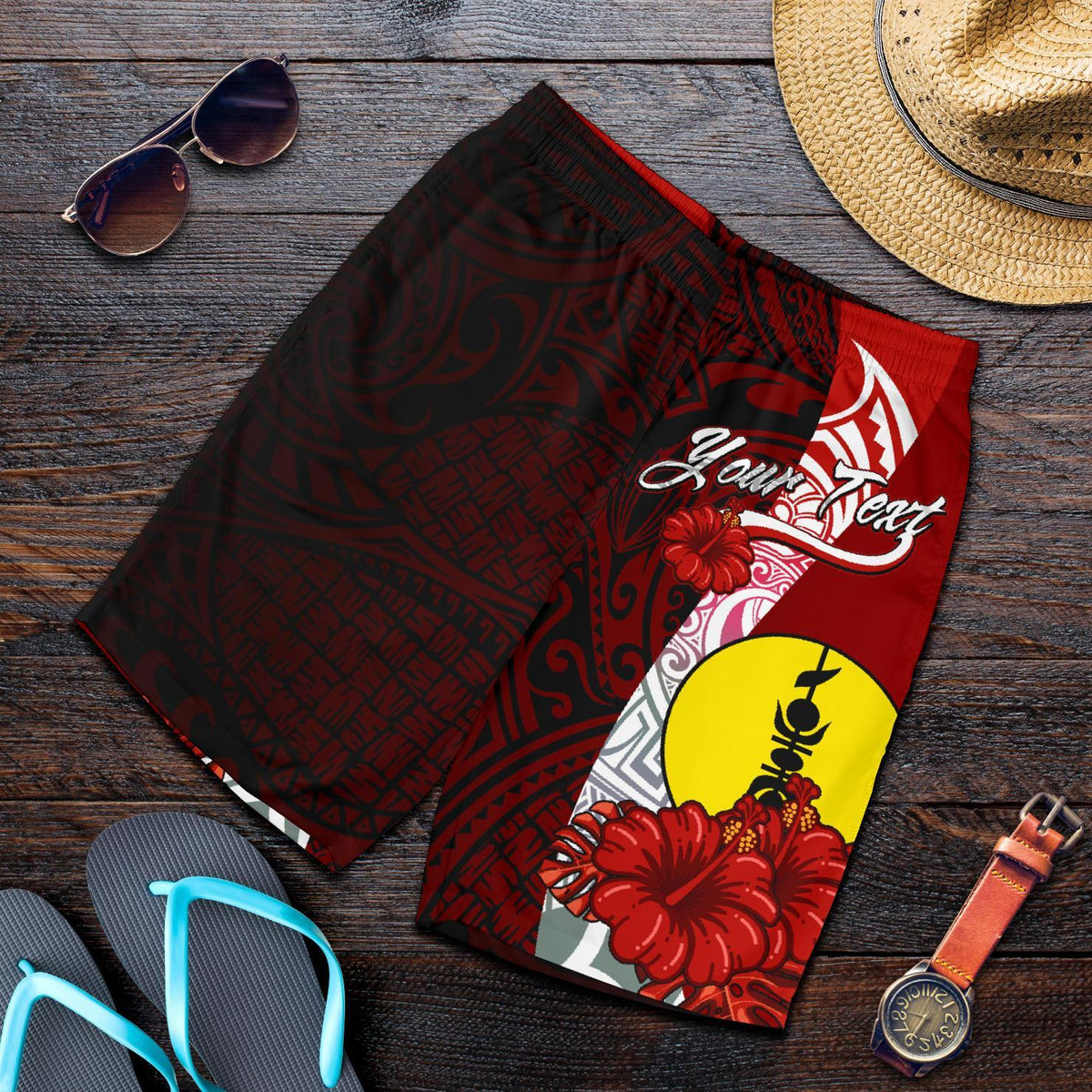 New Caledonia Polynesian Custom Personalised Men's Shorts - Coat Of Arm With Hibiscus - Polynesian Pride