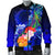 Cook Islands Men's Bomber Jacket - Humpback Whale with Tropical Flowers (Blue) - Polynesian Pride