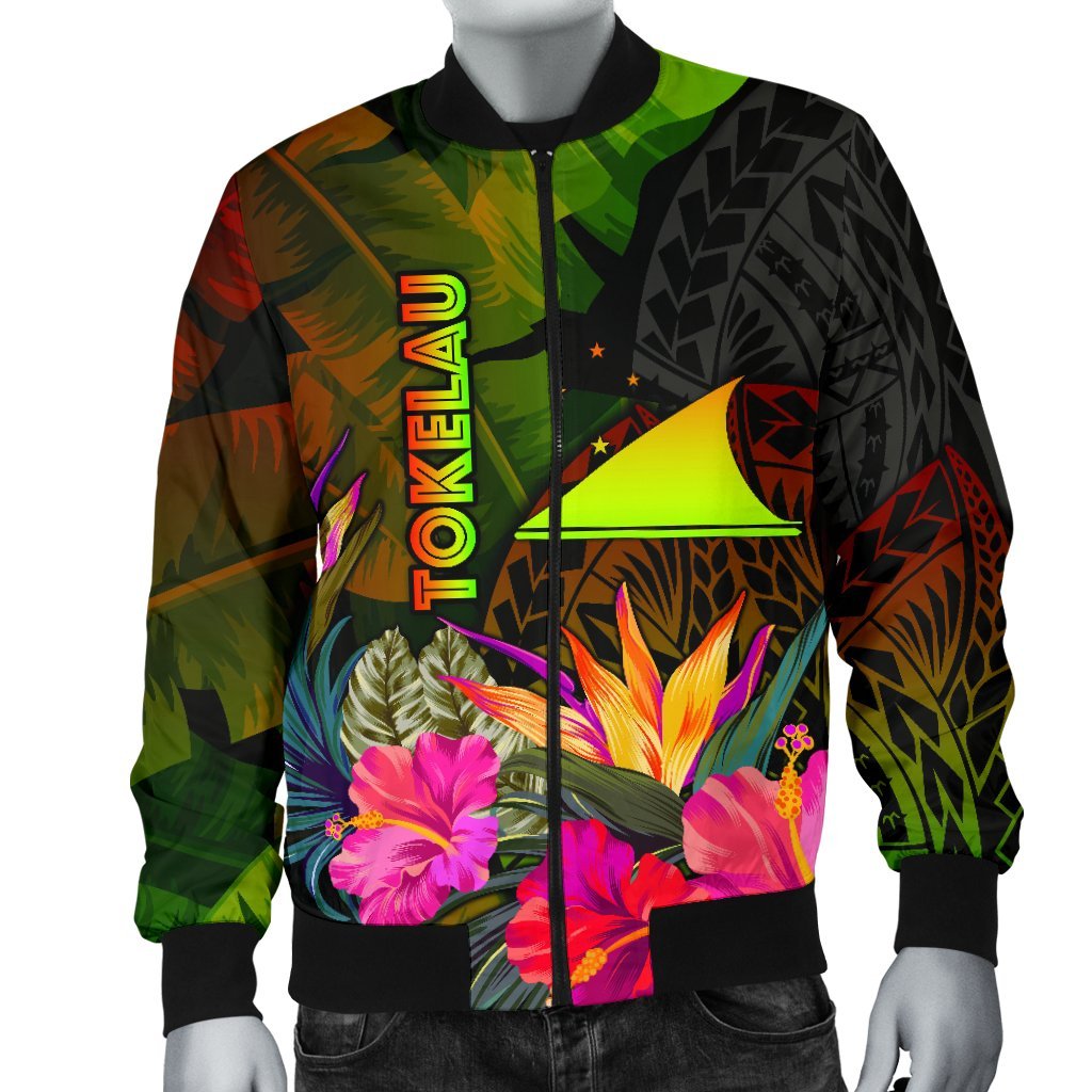 Tokelau Polynesian Men's Bomber Jacket - Hibiscus and Banana Leaves - Polynesian Pride