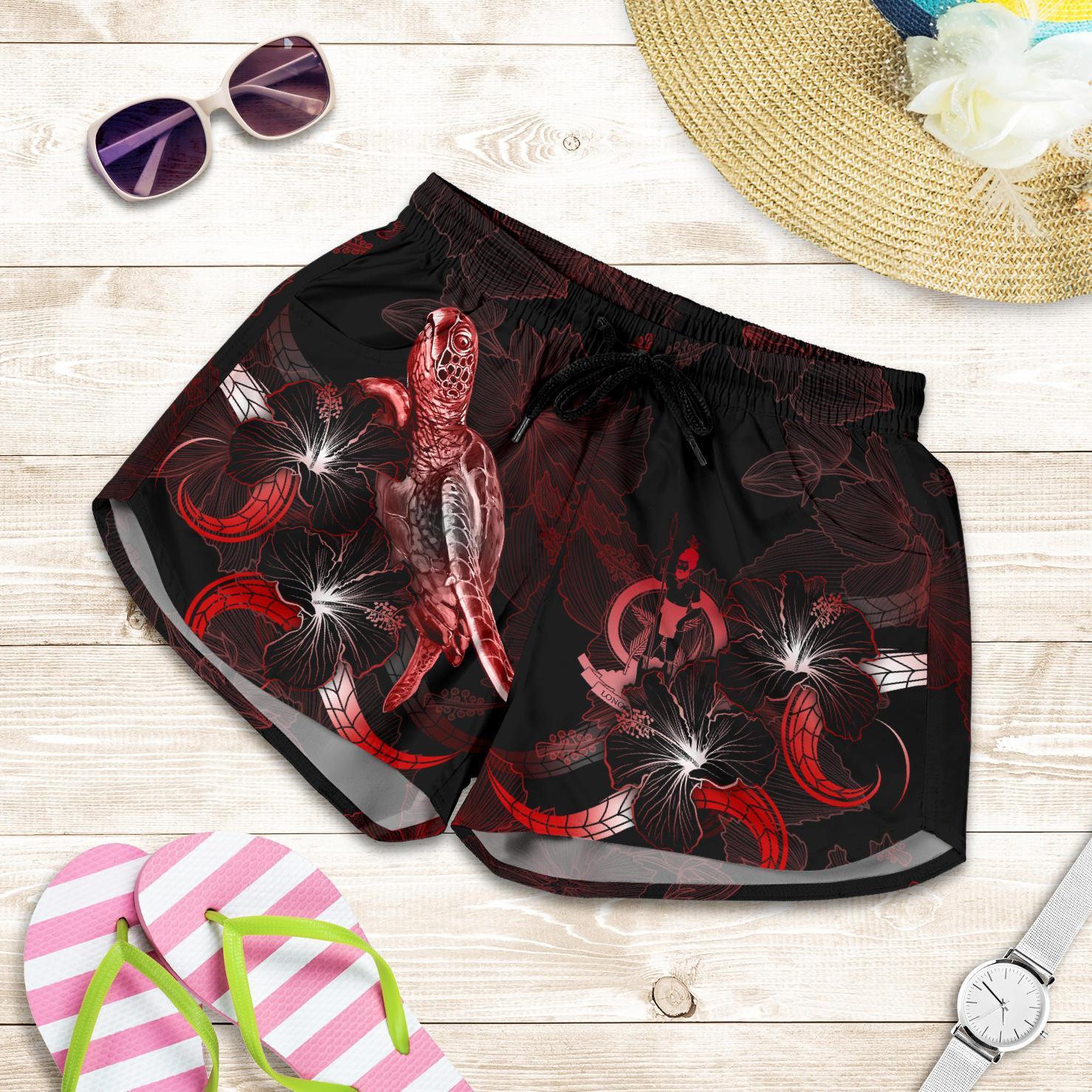 Vanuatu Polynesian Women's Shorts - Turtle With Blooming Hibiscus Red Women Red - Polynesian Pride