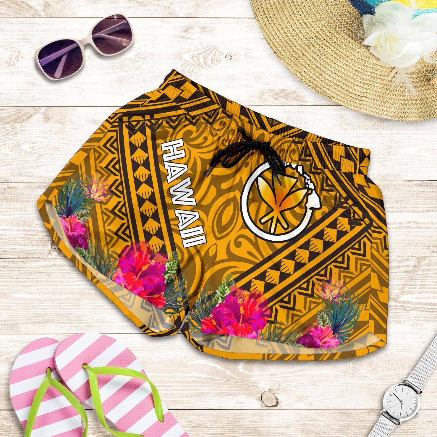 Hawaii Women's Shorts - Kanaka Maoli With Hibiscus On Polynesian Patterns (YELLOW) Women Yellow - Polynesian Pride