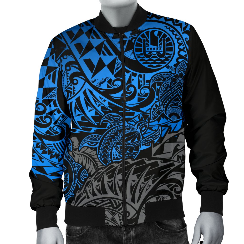 Tahiti Polynesian Men Bomber Jacket - Blue Turtle Hibiscus Flowing BLUE - Polynesian Pride