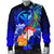 Polynesian Hawaii Custom Personalised Men's Bomber Jacket - Kanaka Maoli Humpback Whale with Tropical Flowers (Blue) - Polynesian Pride