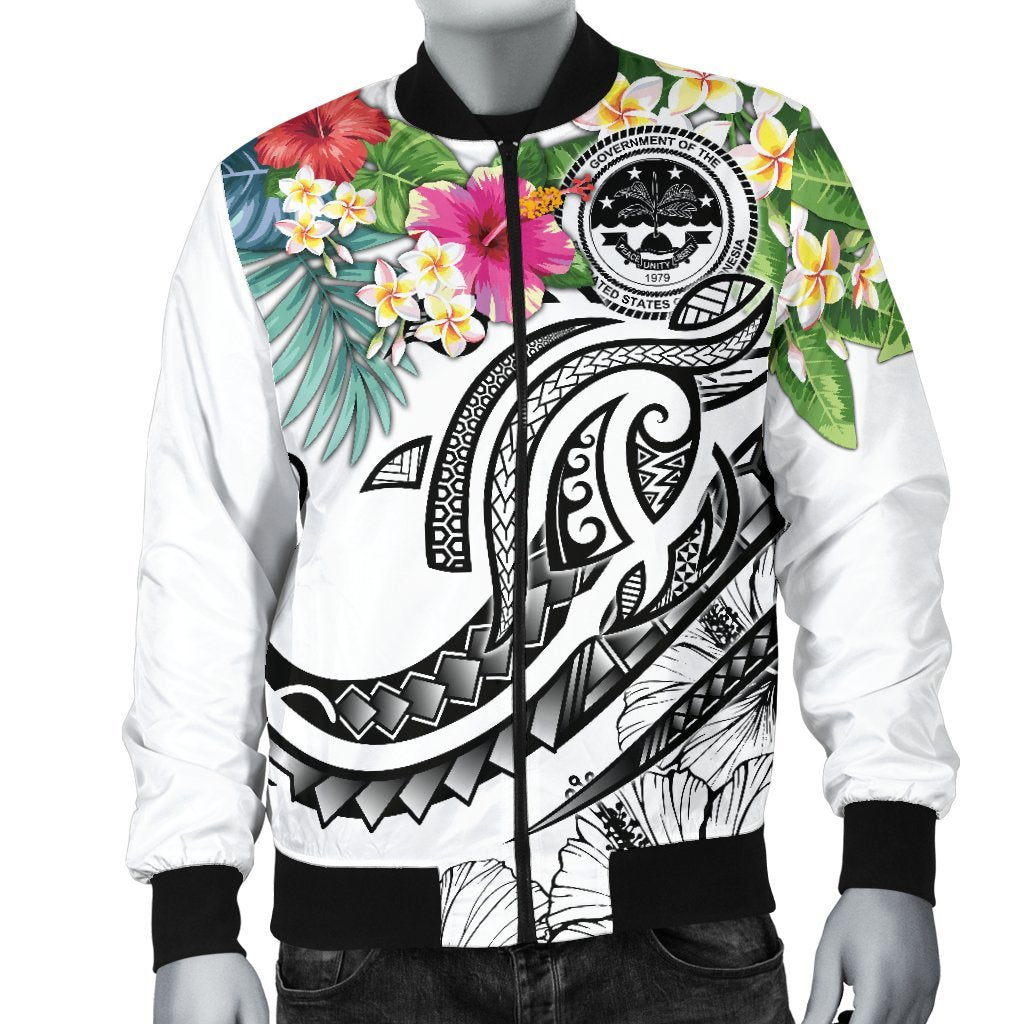 FSM Polynesian Men's Bomber Jacket - Summer Plumeria (White) - Polynesian Pride