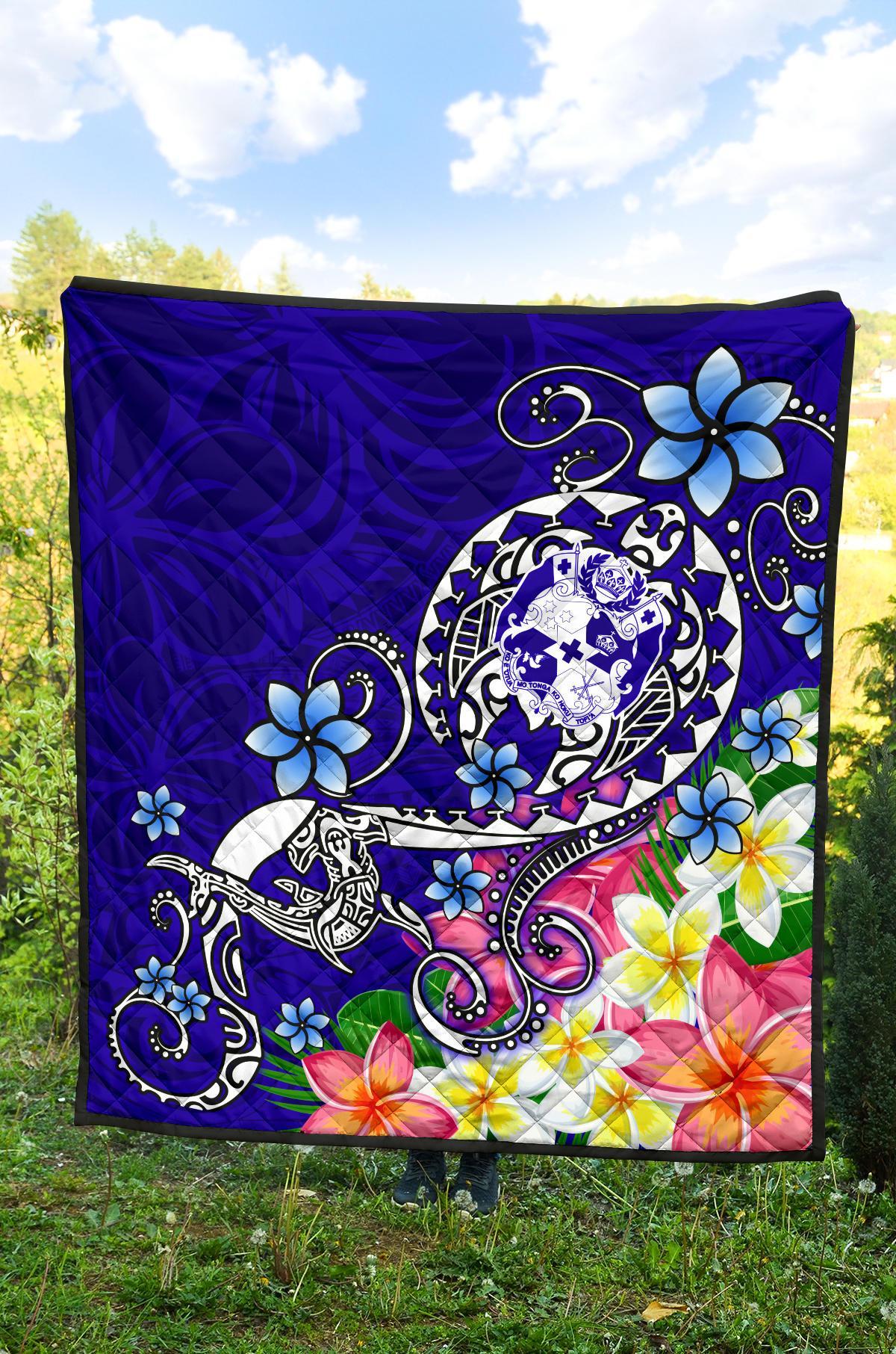 Tonga Premium Quilt - Turtle Plumeria (Blue) - Polynesian Pride