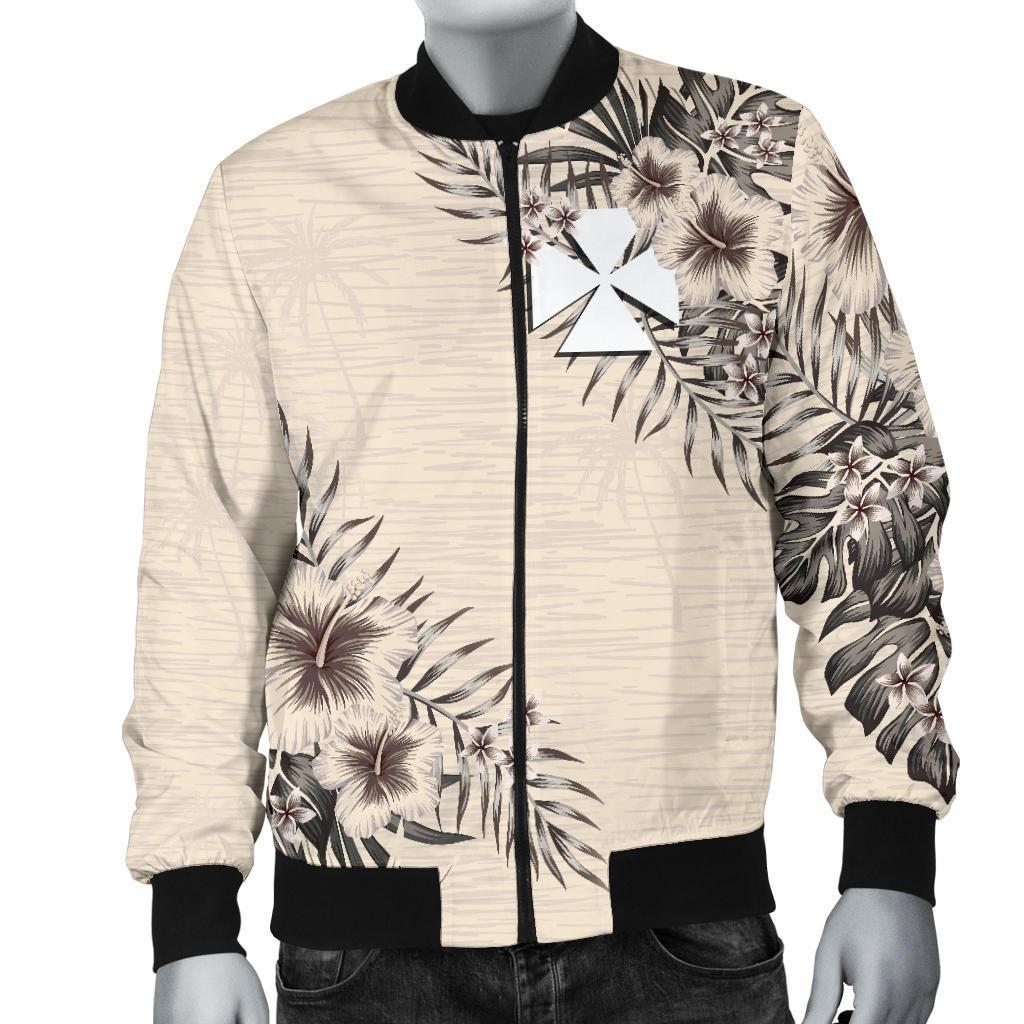 Wallis and Futuna Men's Bomber Jacket - The Beige Hibiscus Beige - Polynesian Pride