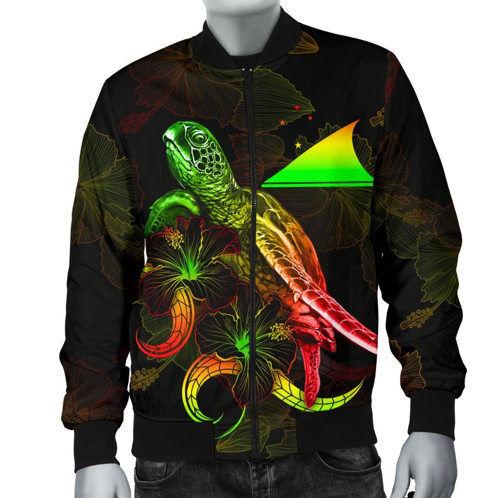 Tokelau Polynesian Men's Bomber Jacket - Turtle With Blooming Hibiscus Reggae - Polynesian Pride