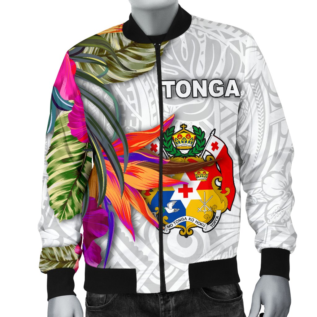 Tonga Men's Bomber Jacket Polynesian Hibiscus White Pattern White - Polynesian Pride