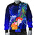 Cook Islands Custom Personalised Men's Bomber Jacket - Humpback Whale with Tropical Flowers (Blue) - Polynesian Pride