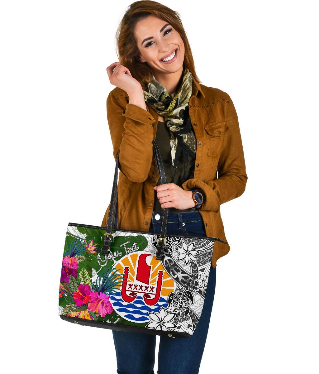 Tahiti Custom Personalised Large Leather Tote White - Turtle Plumeria Banana Leaf - Polynesian Pride