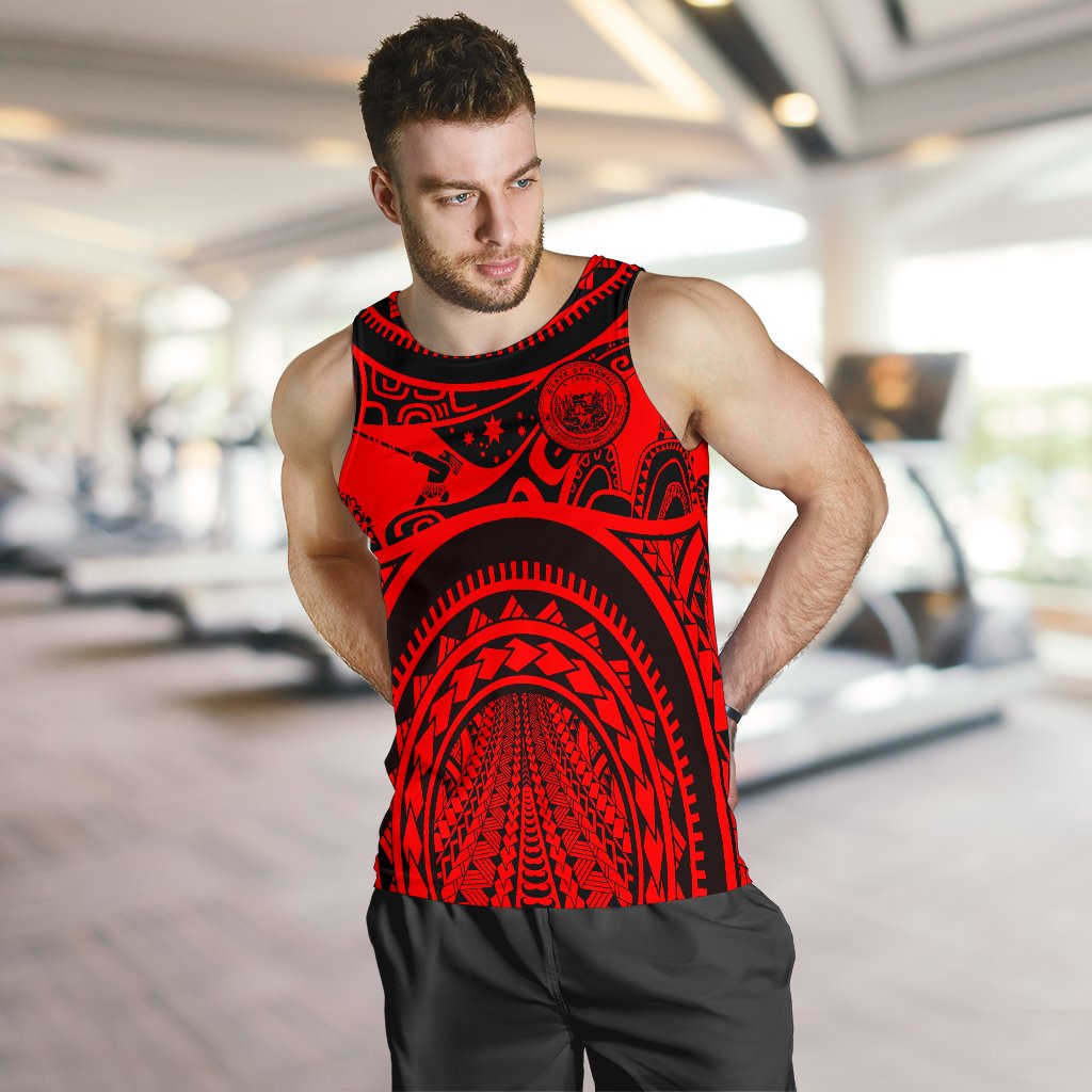 Hawaii Men's Tank Top - Hawaii Coat Of Arm & Maui Tattoo Red - Polynesian Pride