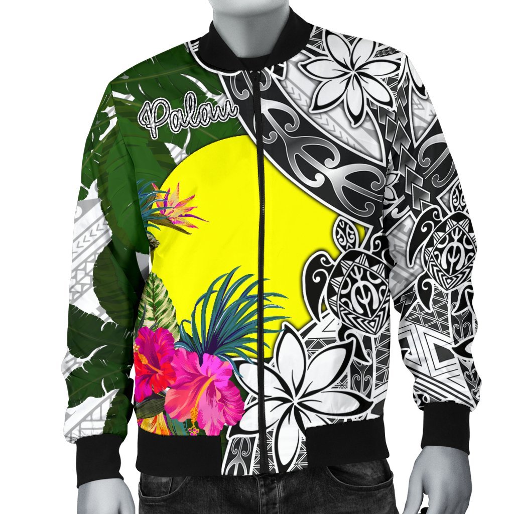 Palau Men's Bomber Jacket White - Turtle Plumeria Banana Leaf - Polynesian Pride
