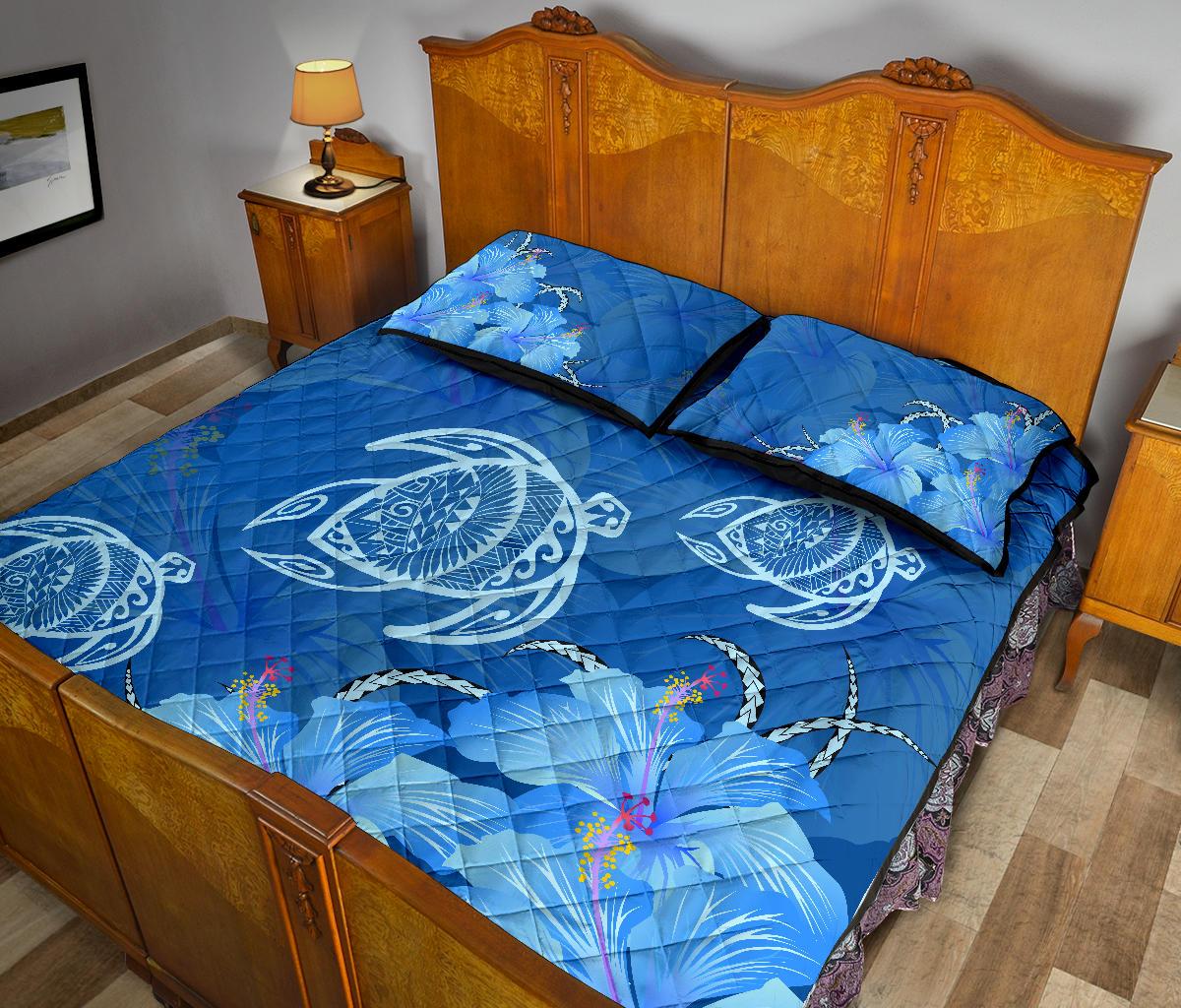 Hawaii Blue Hibiscus Turtle Polynesian Quilt Bed Set - Polynesian Pride