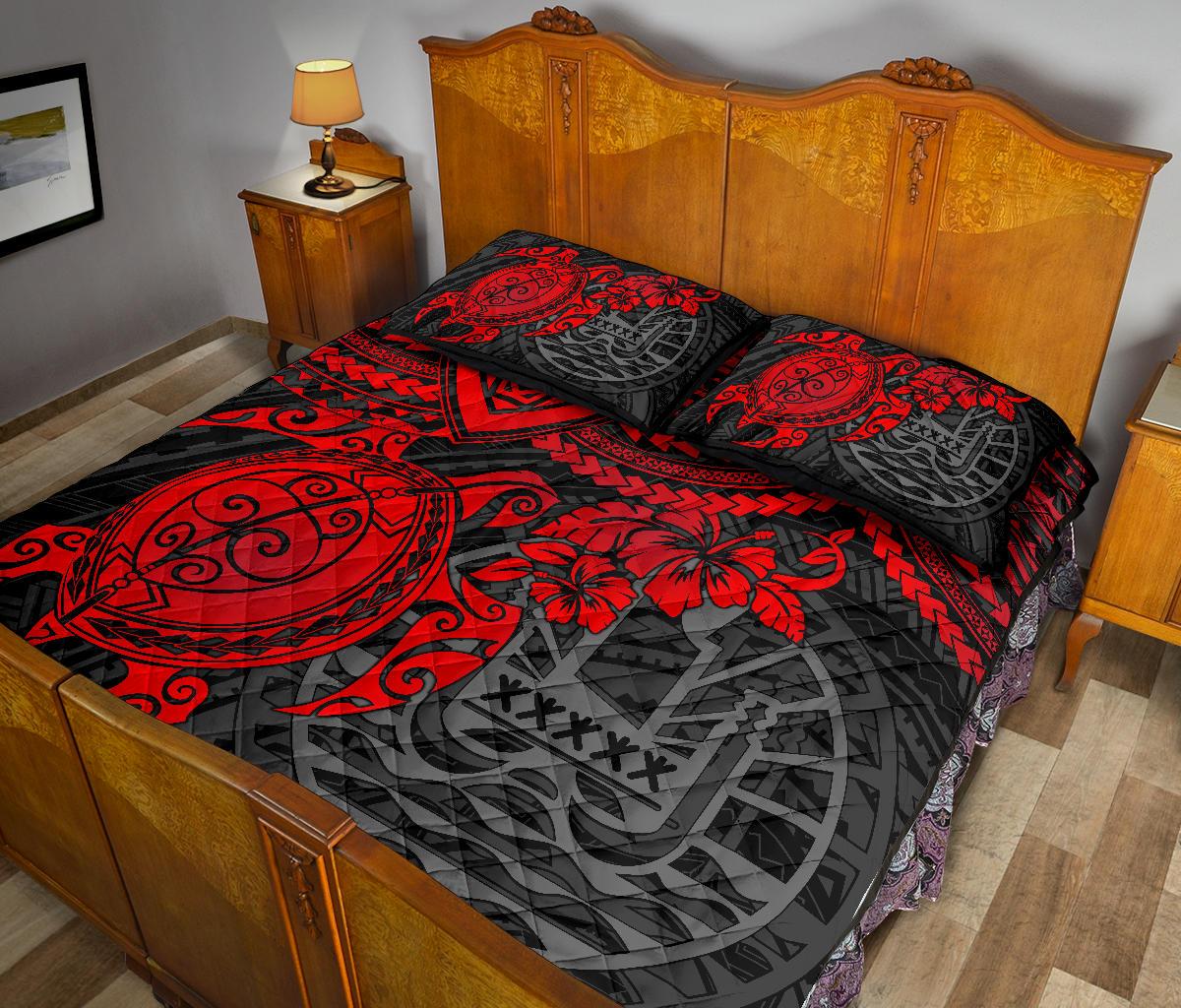 Tahiti Polynesian Quilt Bed Set - Tahiti Flag & Red Turtle Hibiscus Premium - Polynesian Pride