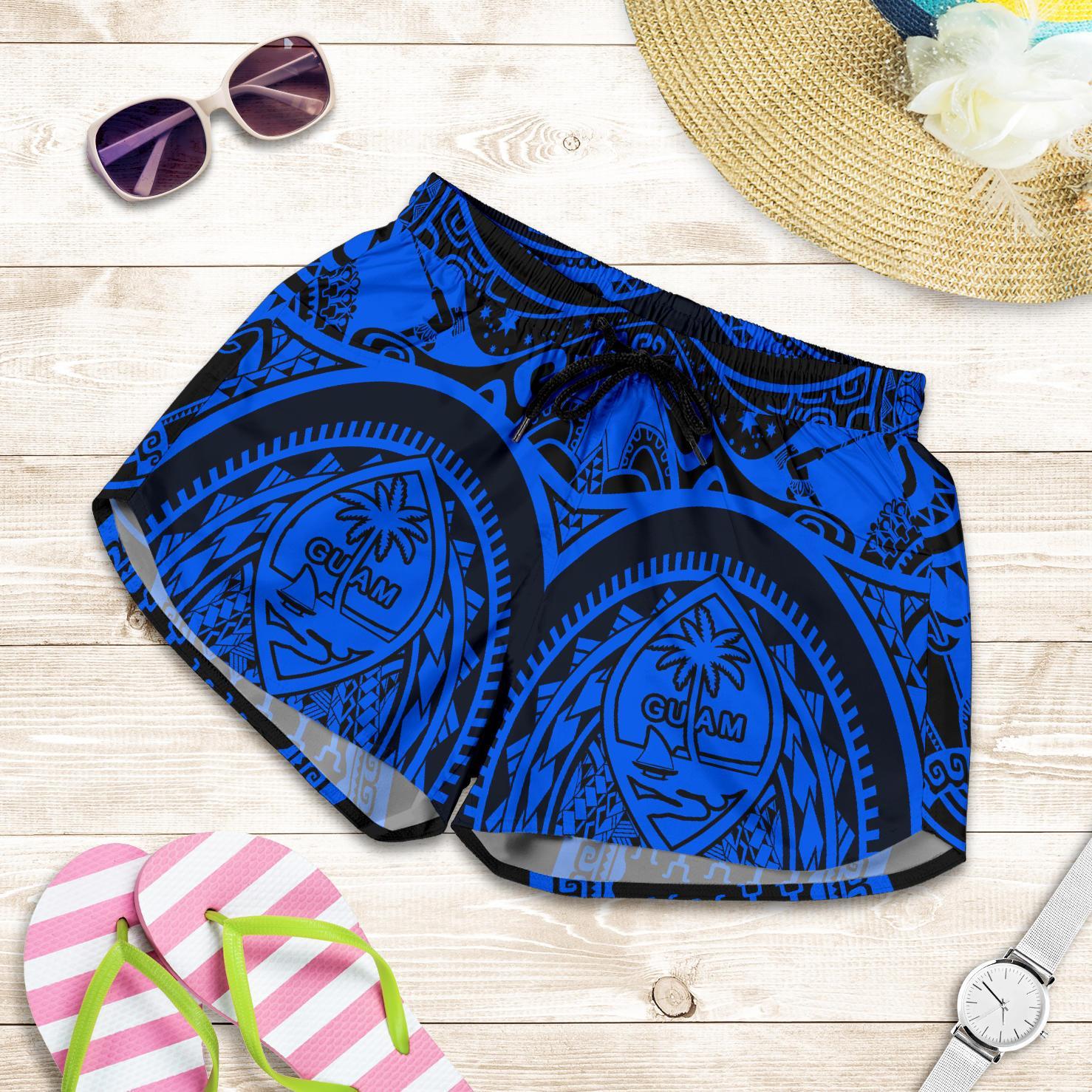 Polynesian Women Shorts - Guam Flag, Seal with Maui Moana Tattoo Women Blue - Polynesian Pride