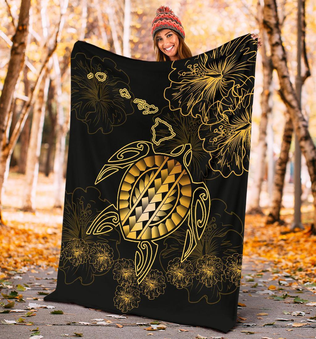Hawaiian Turtle Hibiscus Premium Blanket - Flora Style - Polynesian Pride