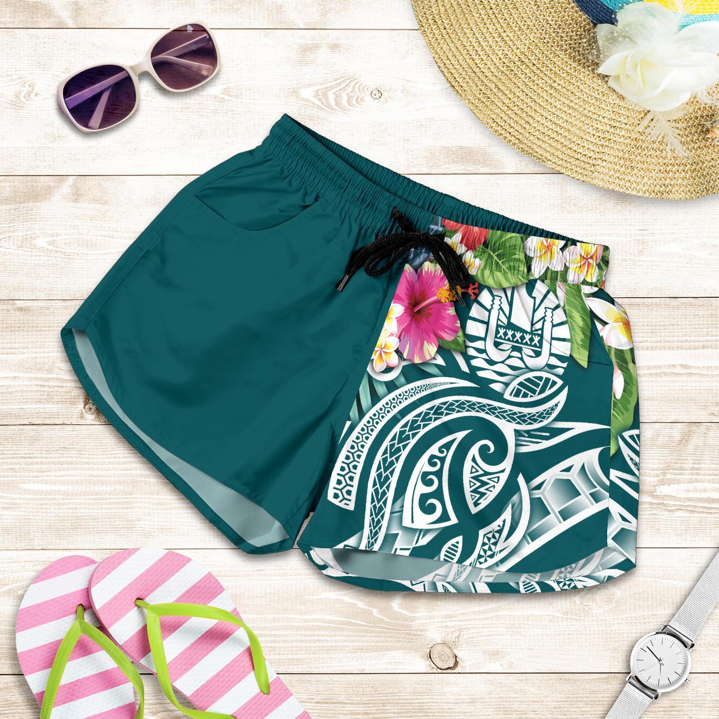 Tahiti Polynesian Women's Shorts - Summer Plumeria (Turquoise) Women Turquoise - Polynesian Pride