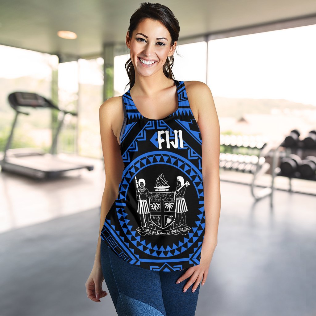 Fiji Women's Racerback Tank - Fiji Seal With Polynesian Tattoo Style (Blue) Blue - Polynesian Pride