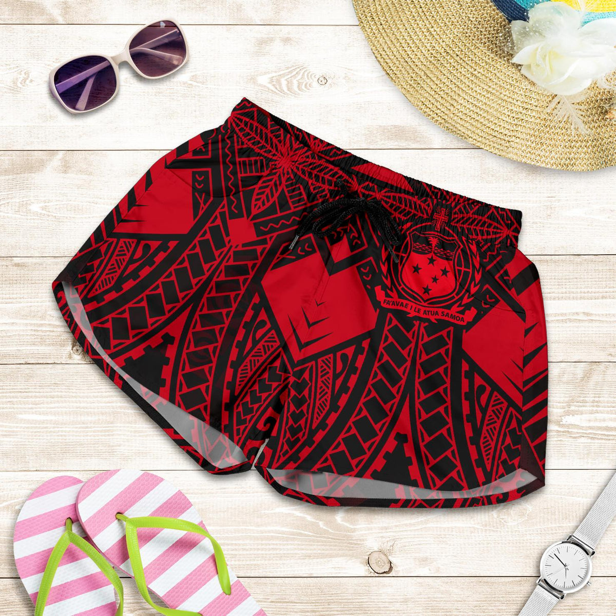Samoa Polynesian Women's Shorts - Samoa Red Seal with Polynesian Tattoo Women Red - Polynesian Pride