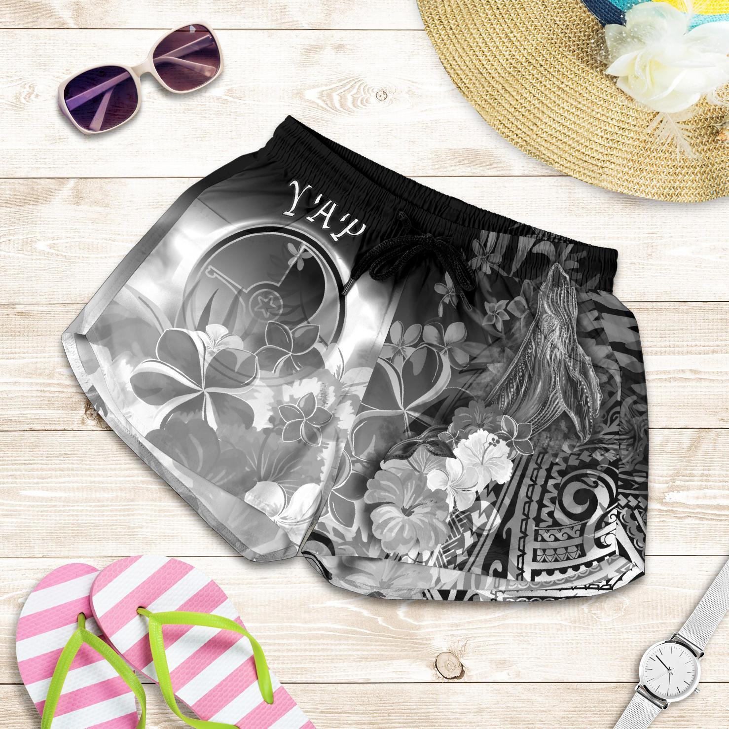 Yap Women's Shorts - Humpback Whale with Tropical Flowers (White) Women White - Polynesian Pride