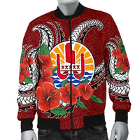 Tahiti Polynesian Men Bomber Jacket - Hibiscus Coat of Arm Red - Polynesian Pride