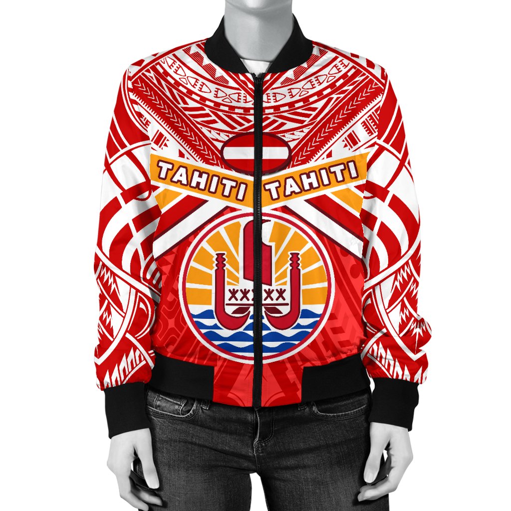 Tahiti Rugby Women Bomber Jacket Polynesian Coat Of Arms and Flag - Polynesian Pride