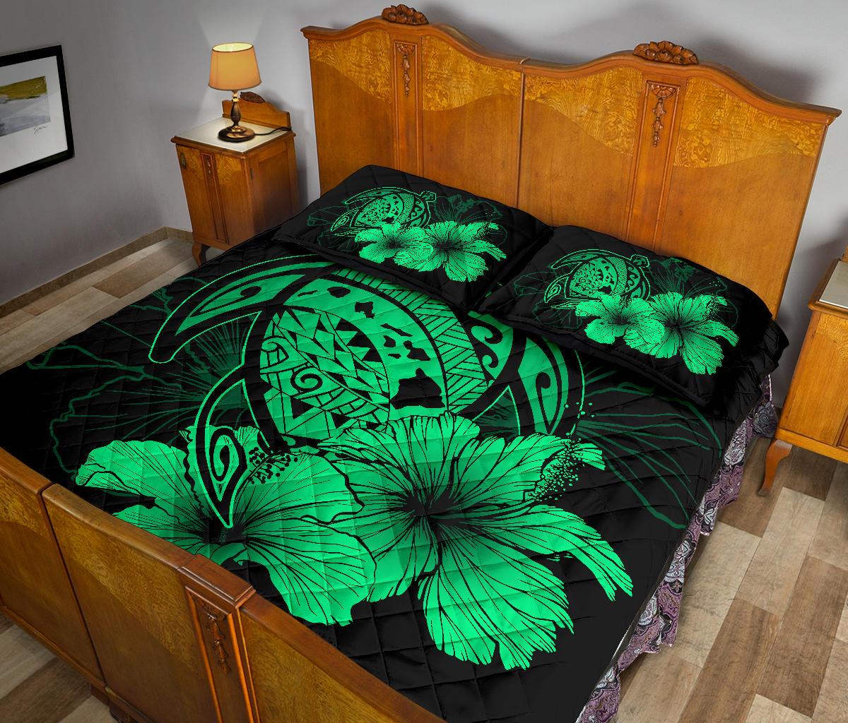 Hawaiian Map Turtle Hibiscus Polynesian Quilt Bedding Set - Pastel Green - Polynesian Pride