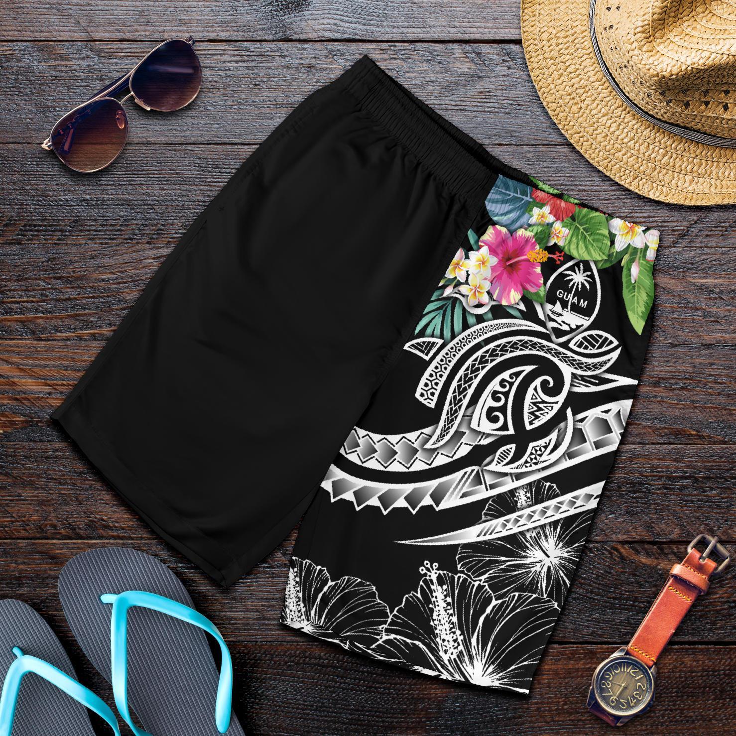 Guam Polynesian Men's Shorts - Summer Plumeria (Black) Black - Polynesian Pride