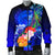 Polynesian Hawaii Men's Bomber Jacket - Humpback Whale with Tropical Flowers (Blue) - Polynesian Pride