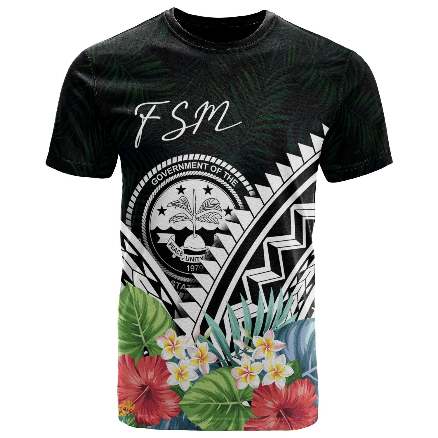 Federated States of Micronesia Polynesian T Shirt FSM Coat of Arms & Polynesian Tropical Flowers White Unisex Art - Polynesian Pride