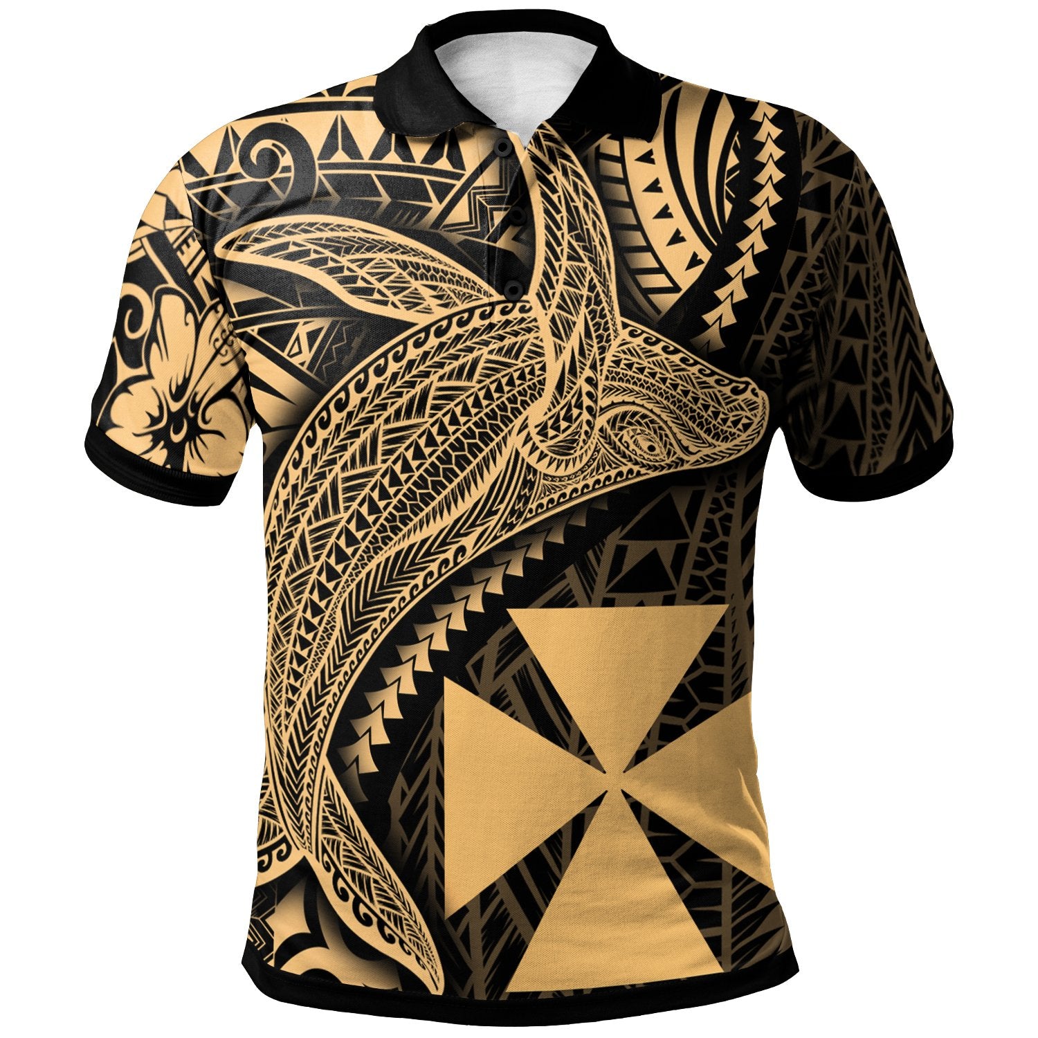 Wallis and Futuna Polo Shirt Humpback Whale and Coat of Arms Gold Unisex Gold - Polynesian Pride