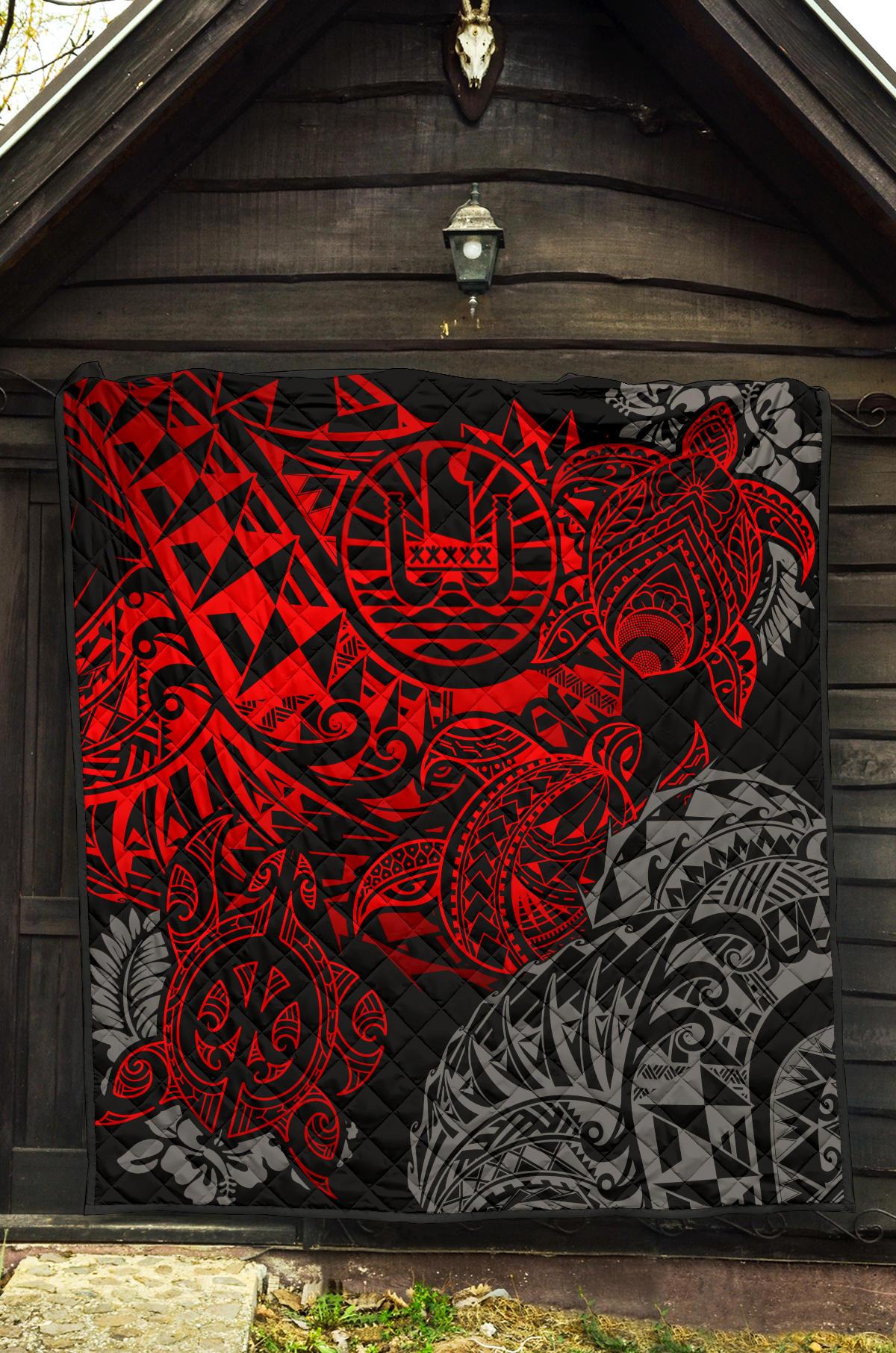 Tahiti Polynesian Premium Quilt - Red Turtle Hibiscus Flowing - Polynesian Pride