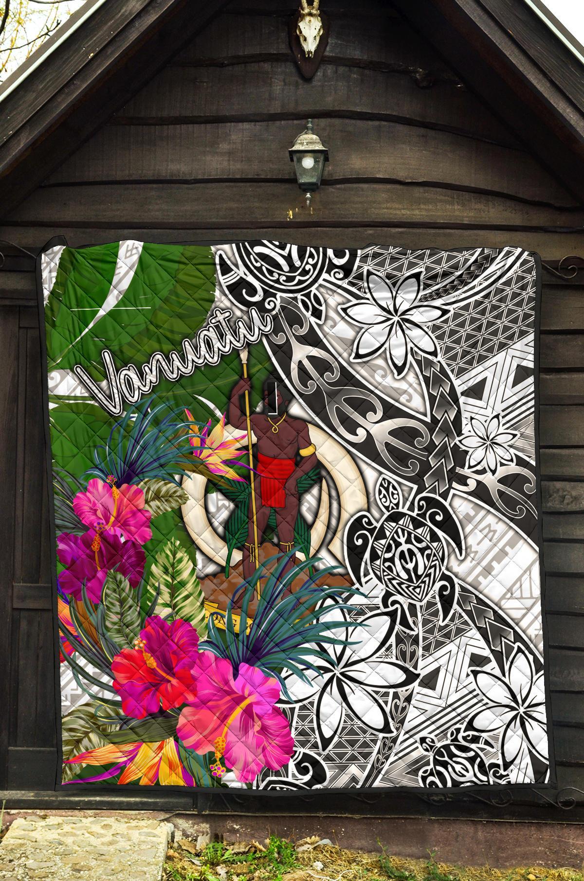 Vanuatu Premium Quilt White - Turtle Plumeria Banana Leaf - Polynesian Pride
