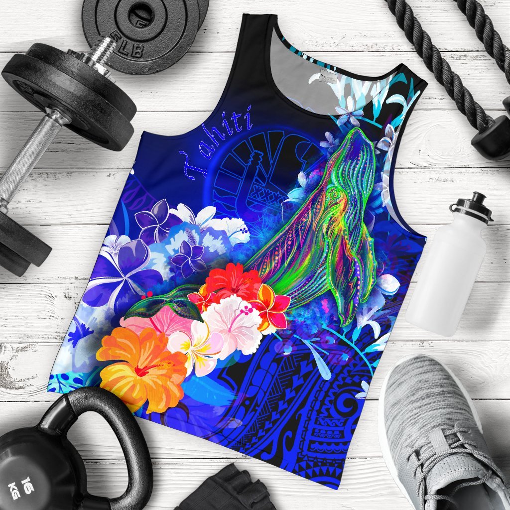 Tahiti Men's Tank Top - Humpback Whale with Tropical Flowers (Blue) Blue - Polynesian Pride