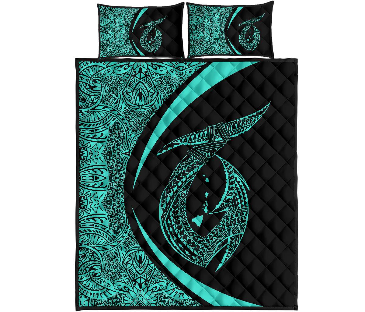 Hawaii Fish Hook Polynesian Quilt Bed Set - Circle Style Turquoise Turquoise - Polynesian Pride