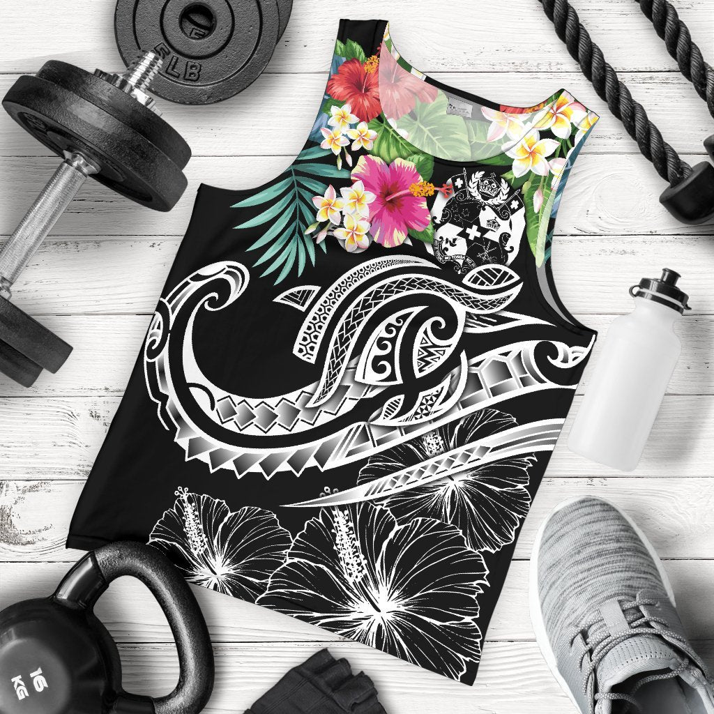 Tonga Polynesian Men's Tank Top - Summer Plumeria (Black) Black - Polynesian Pride