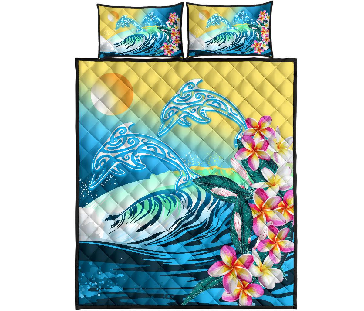 Hawaii Dolphin Plumeria Surfing Polynesian Quilt Bed Set - Muriel Style - AH Blue - Polynesian Pride