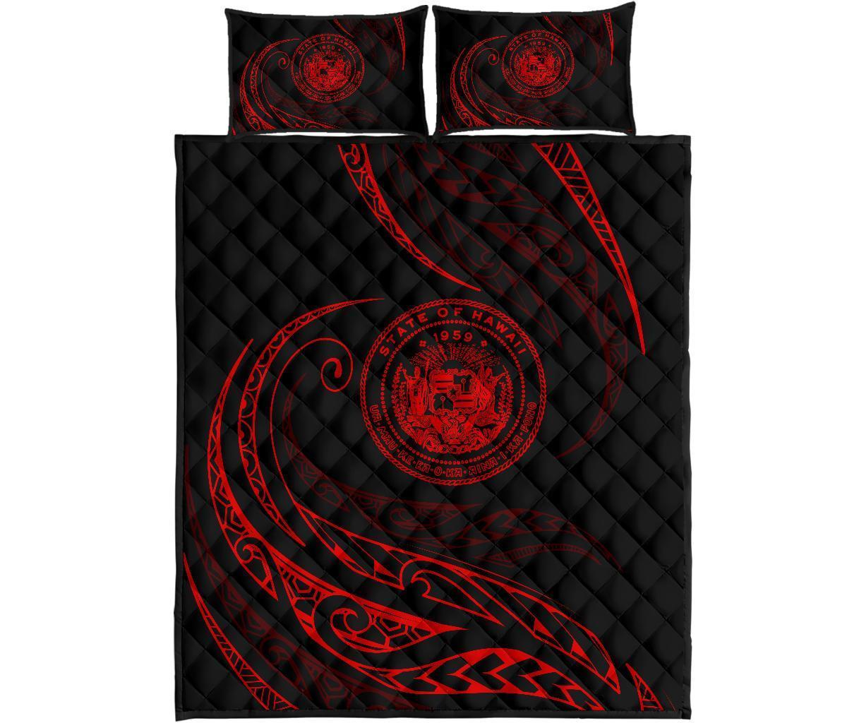 Hawaii Coat Of Arms Quilt Bed Set - Red - Frida Style Black - Polynesian Pride